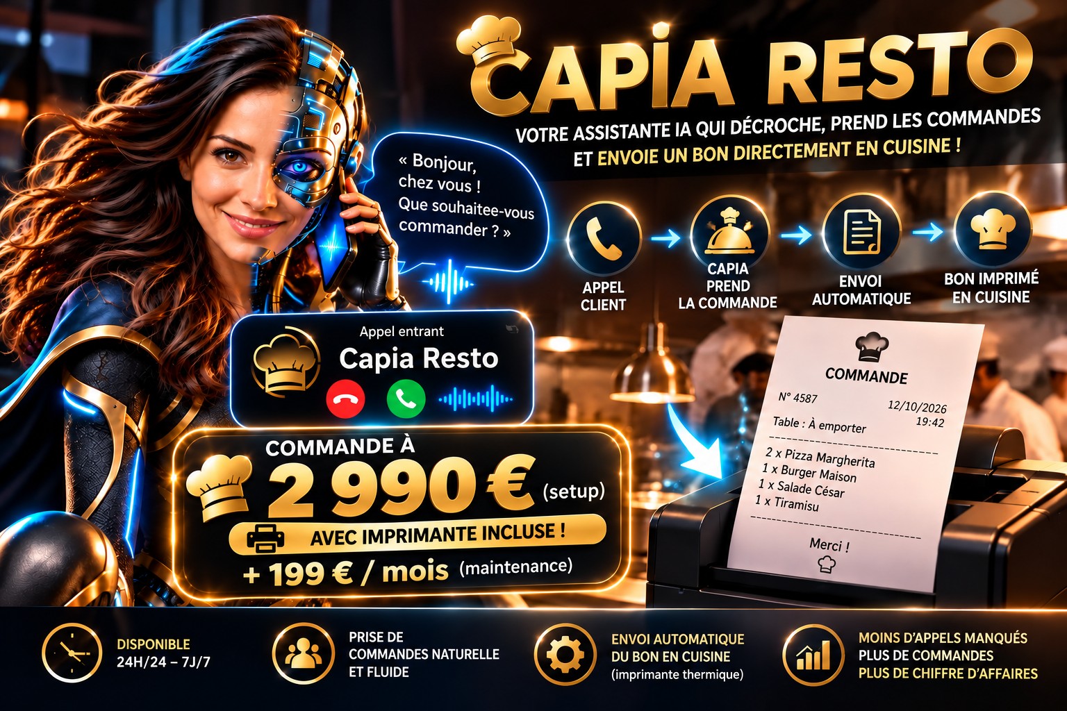 CAPIA Resto au téléphone et bon de commande imprimé en cuisine